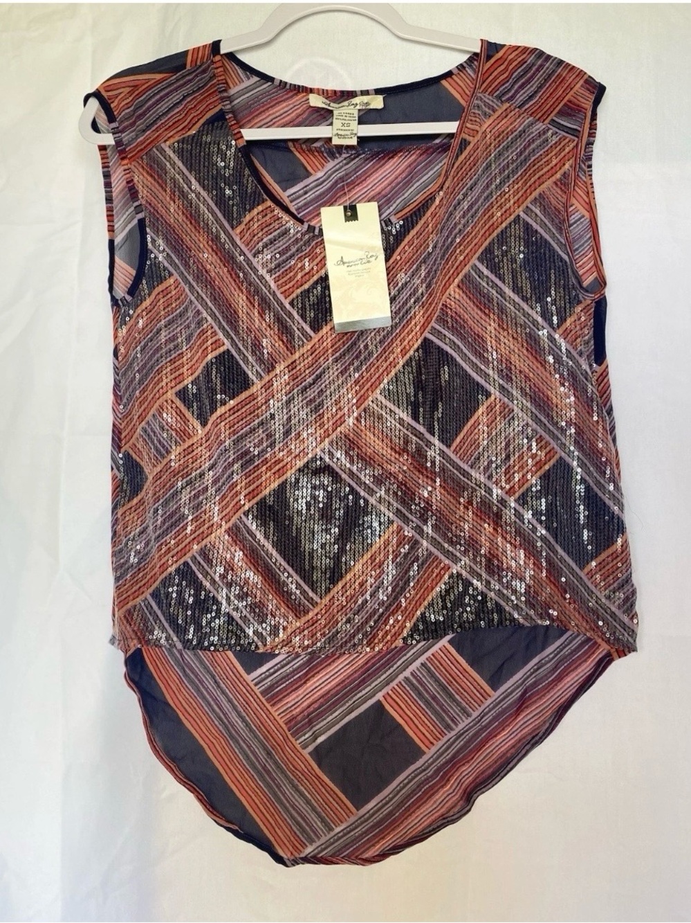 American Rag Women's
XS Geometric Sequin V-Neck Chiffon Blouse, transparent NWT
